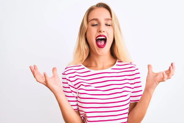 Jonge Mooie Vrouw Draagt Roze Gestreepte Shirt Staan Geïsoleerde Witte — Stockfoto