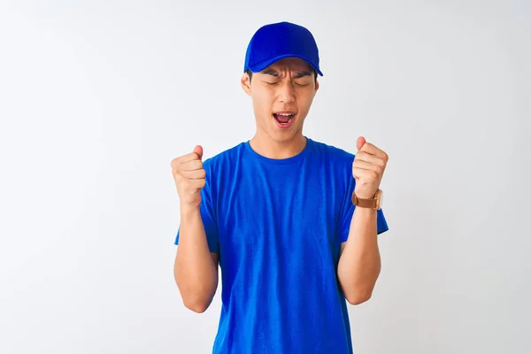 Chinese Deliveryman Wearing Blue Shirt Cap Standing Isolated White Background — Stock Photo, Image