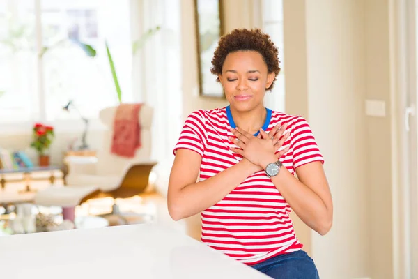 Young Beautiful African American Woman Home Smiling Hands Chest Closed — Stock Photo, Image