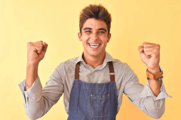 Young Handsome Employee Man Wearing Apron Standing Isolated Yellow Background — Stock Photo, Image