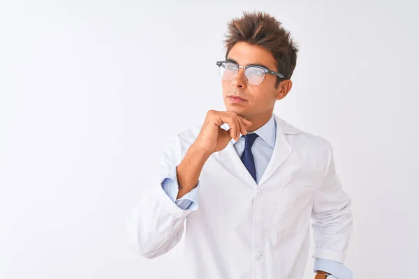 Young Handsome Sciencist Man Wearing Glasses Coat Isolated White Background — Stock Photo, Image