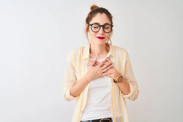 Redhead Woman Wearing Striped Shirt Glasses Standing Isolated White Background — Stock Photo, Image