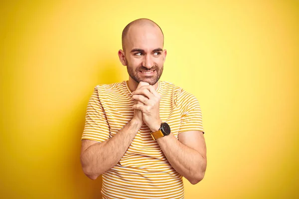 Young Bald Man Beard Wearing Casual Striped Shirt Yellow Isolated — Stockfoto