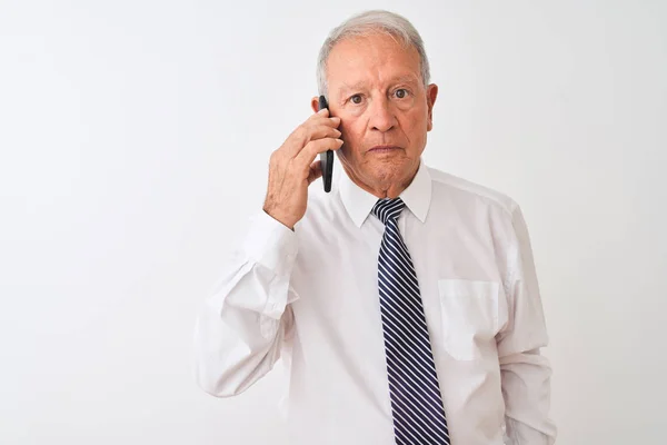 Senior Grey Haired Businessman Talking Smartphone Isolated White Background Confident — Stock Photo, Image