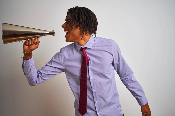 Jovem Empresário Afro Americano Gritando Usando Megafone Vintage — Fotografia de Stock