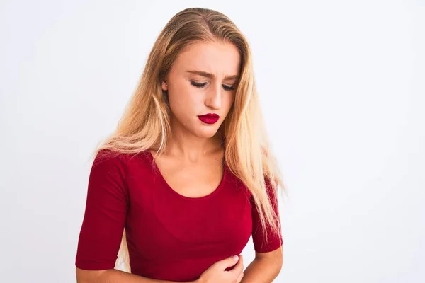 Mulher Bonita Nova Vestindo Camiseta Vermelha Sobre Fundo Branco Isolado — Fotografia de Stock