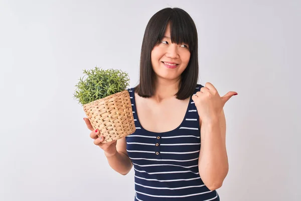 Young beautiful Chinese woman holding plant pot standing over isolated white background pointing and showing with thumb up to the side with happy face smiling