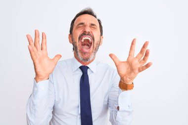 Orta yaşlı iş adamı zarif bir kravat takıp izole edilmiş beyaz arka planda dikilmiş kollarını kaldırmış ve gözlerini kapatmış heyecanla haykırarak başarının çılgınlığını kutluyor. Kazanan konsept
