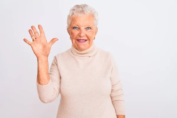 Senior Mulher Cabelos Grisalhos Vestindo Camisola Gola Alta Sobre Fundo — Fotografia de Stock