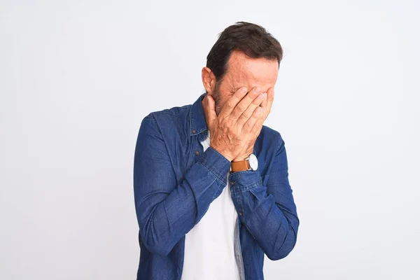 Middle Age Handsome Man Wearing Blue Denim Shirt Standing Isolated — Stock Photo, Image