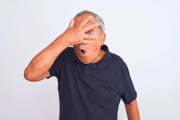 Senior Grey Haired Man Wearing Black Casual Polo Standing Isolated — Stockfoto