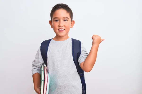 Beautiful Student Kid Boy Wearing Backpack Holding Books Isolated White — Stockfoto
