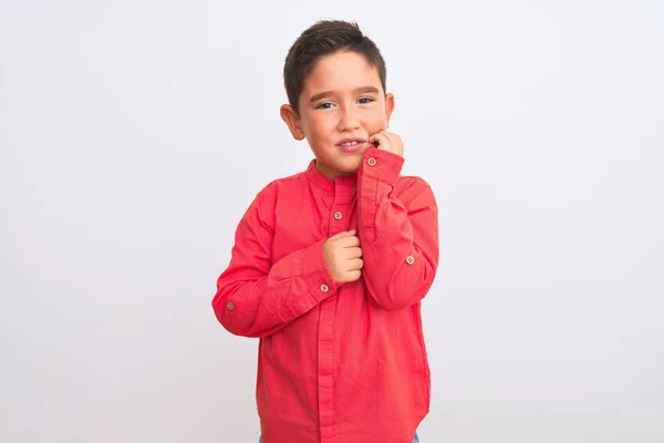 Beautiful Kid Boy Wearing Elegant Red Shirt Standing Isolated White — Stock Photo, Image