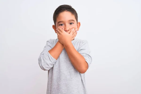 Menino Bonito Vestindo Camiseta Casual Cinza Sobre Fundo Branco Isolado — Fotografia de Stock