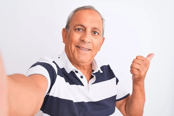 Senior Grey Haired Man Wearing Striped Polo Make Selfie Isolated — Stockfoto