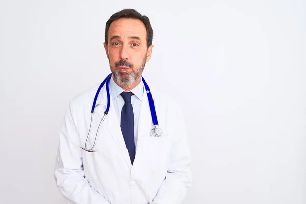 Middle Age Doctor Man Wearing Coat Stethoscope Standing Isolated White — Stock Photo, Image