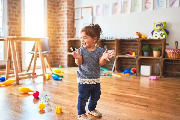 Beautiful Toddler Applauding Standing Lots Toys Kindergarten — Stock Photo, Image