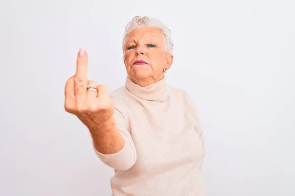 Senior Grey Haired Woman Wearing Turtleneck Sweater Standing Isolated White — Stockfoto