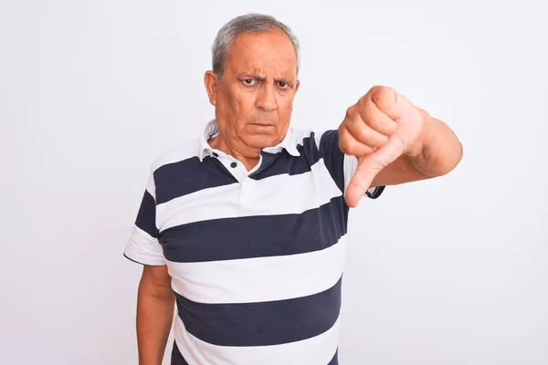 Senior Grey Haired Man Wearing Casual Striped Polo Standing Isolated — Stockfoto