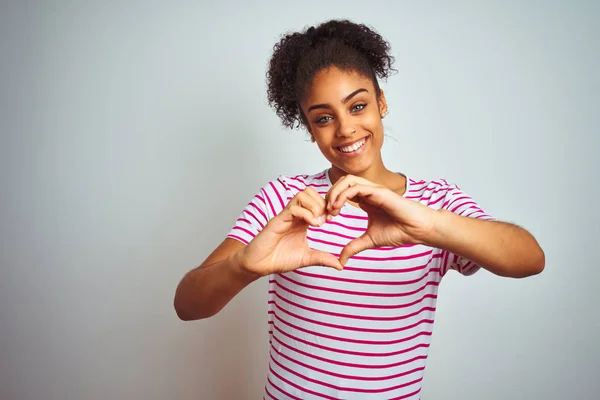 Afro Amerikaanse Vrouw Draagt Casual Roze Gestreepte Shirt Geïsoleerde Witte — Stockfoto