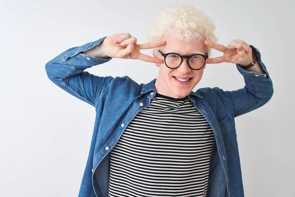 Young Albino Blond Man Wearing Denim Shirt Glasses Isolated White — Stock Photo, Image