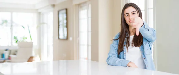 Wide Angle Picture Beautiful Young Woman Sitting White Table Home — Stock Photo, Image