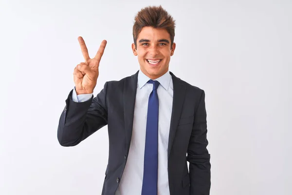 Junger Gutaussehender Geschäftsmann Anzug Steht Vor Isoliertem Weißem Hintergrund Und — Stockfoto