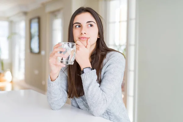 Beautiful Young Woman Drinking Fresh Glass Water Serious Face Thinking — Stock Photo, Image