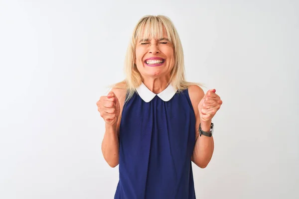 Mulher Meia Idade Vestindo Elegante Vestido Azul Sobre Fundo Branco — Fotografia de Stock