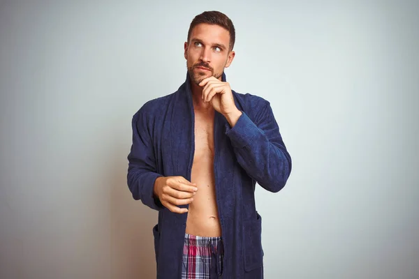 Sexy Shirtless Man Wearing Comfortable Pajamas Robe Isolated Background Hand — Stock Photo, Image