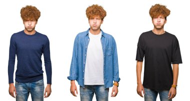 İzole edilmiş beyaz arka plan üzerinde kıvırcık saçlı, komik yüzlü genç erkeklerin kolajı. Havayla şişmiş ağız, çılgın bir ifade..