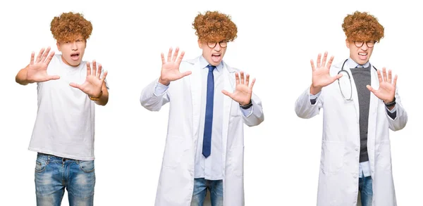 Collage Giovane Medico Che Indossa Cappotto Medico Sfondo Bianco Isolato — Foto Stock