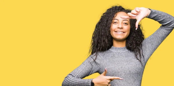 Young Beautiful Girl Curly Hair Smiling Making Frame Hands Fingers — Stock Photo, Image