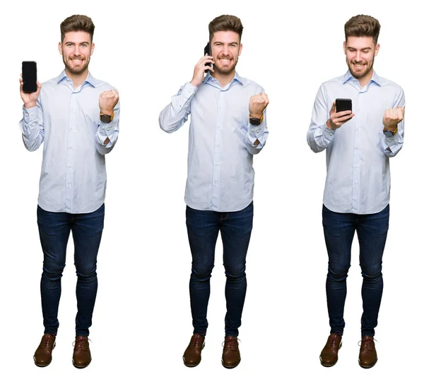 Collage Joven Guapo Profesional Usando Teléfono Inteligente Sobre Fondo Blanco —  Fotos de Stock