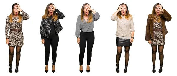 Collage Mujer Elegante Mediana Edad Sobre Fondo Blanco Aislado Haciendo — Foto de Stock