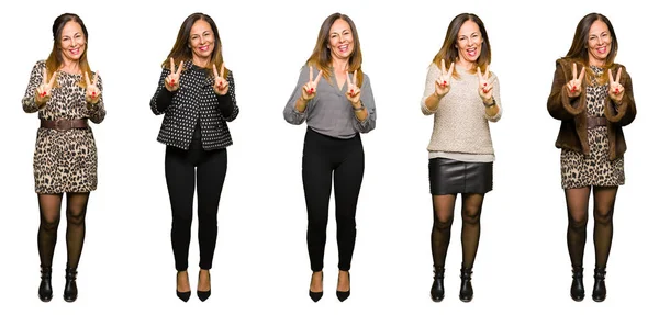 Colagem Mulher Meia Idade Elegante Sobre Fundo Branco Isolado Sorrindo — Fotografia de Stock