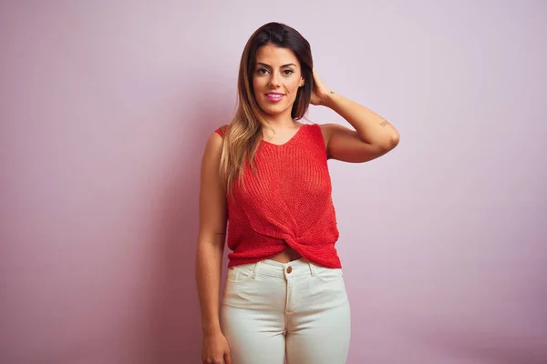 Junge Schöne Hispanische Frau Orangefarbenen Shirt — Stockfoto