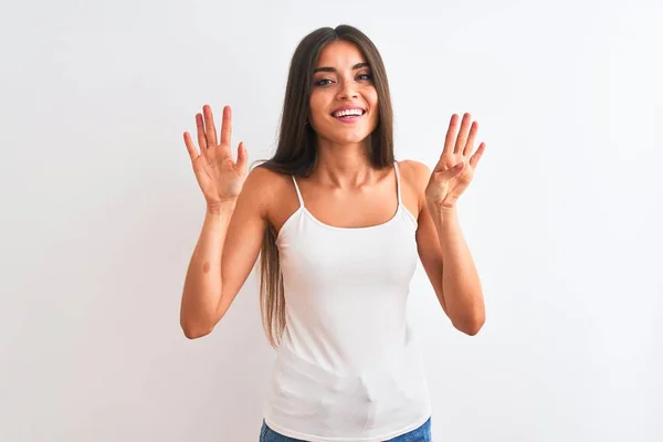 Jovem Bela Mulher Vestindo Casual Shirt Sobre Isolado Fundo Branco — Fotografia de Stock