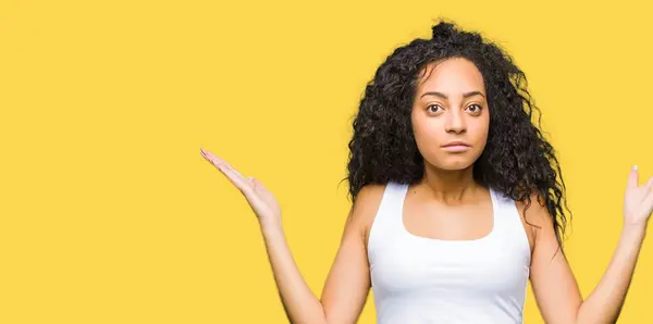 Young Beautiful Girl Curly Hair Clueless Confused Expression Arms Hands — Stock Photo, Image