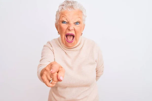 Senior Grey Haired Woman Wearing Turtleneck Sweater Standing Isolated White — Stock Photo, Image