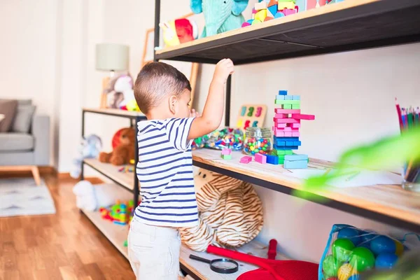 Beautiful Toddler Boy Playing Construction Wooden Blocks Kindergarten — Stock Photo, Image