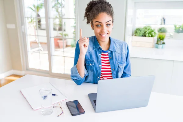 Ung Amerikansk Student Kvinna Använder Dator Laptop Överraskade Med Idé — Stockfoto