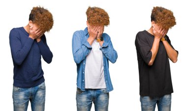 İzole edilmiş beyaz arka plan üzerinde kıvırcık saçlı genç erkeklerin kolajı. Ağlarken suratını ellerle kapatan üzgün bir ifade. Depresyon kavramı.