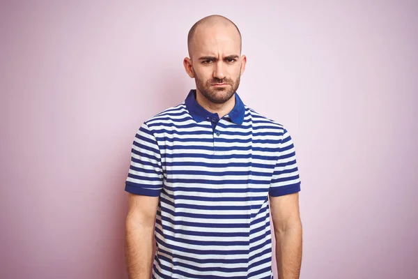 Young Bald Man Beard Wearing Casual Striped Blue Shirt Pink — Stock Photo, Image