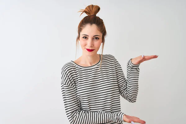 Redhead Woman Wearing Navy Striped Shirt Standing Isolated White Background — Stock Photo, Image