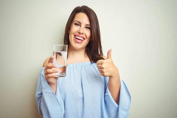 Young Beautiful Woman Drinking Glass Fresh Water Isolated Background Happy — Stock Photo, Image
