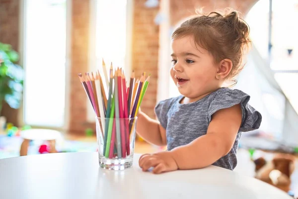 Beautiful Toddler Standing Holding Colored Pencils Kindergarten — Stock Photo, Image