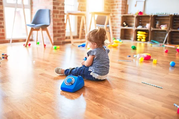 Beautiful Toddler Sitting Floor Playing Vintage Phone Kindergarten — ストック写真