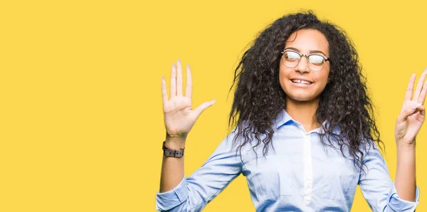 Young Beautiful Business Girl Curly Hair Wearing Glasses Showing Pointing — Stock Photo, Image