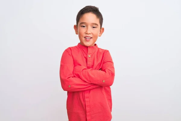 Menino Bonito Vestindo Camisa Vermelha Elegante Sobre Fundo Branco Isolado — Fotografia de Stock